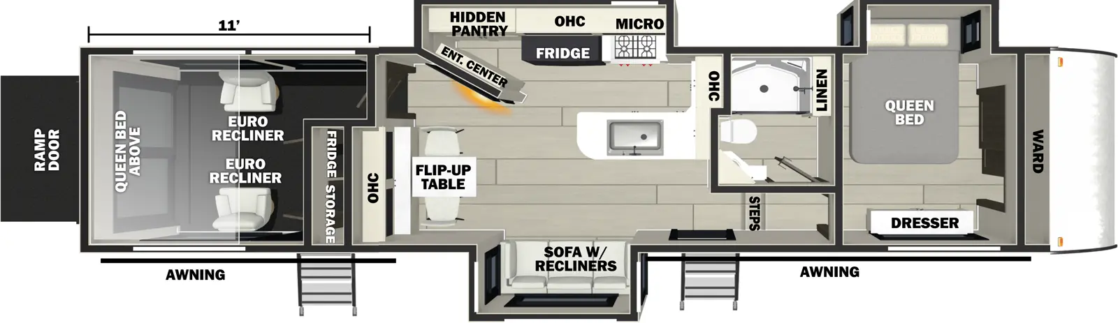 The Vengeance Rogue Armored 341GS11 floorplan is a toy hauler that has two entries and three slide outs. Exterior features include: fiberglass exterior. Interiors features include: front bedroom.